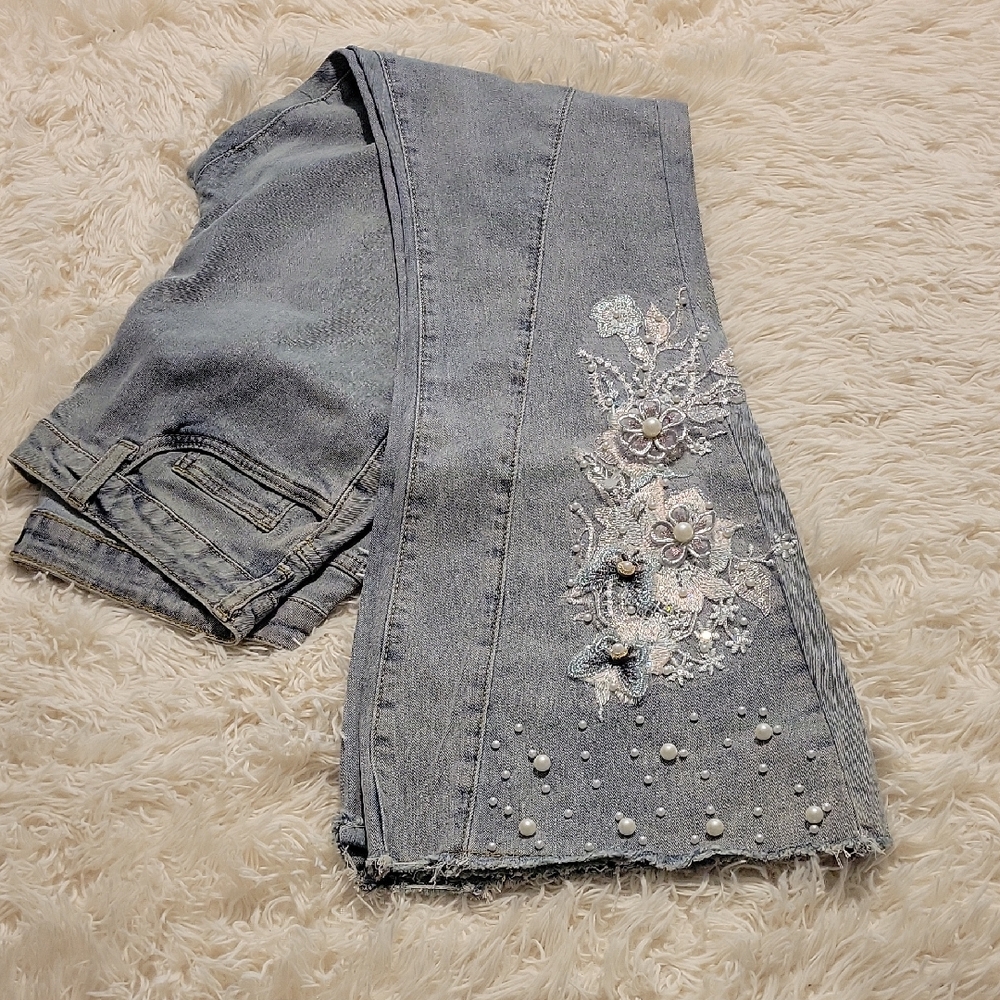 VENUS Light Blue Embroidered Flare Jeans
